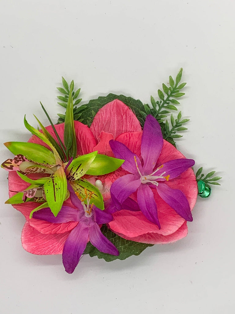 Large Pink Phalaenopsis Orchid with Magenta and Green Cattleya Flower Combo Tropical Hair Clip