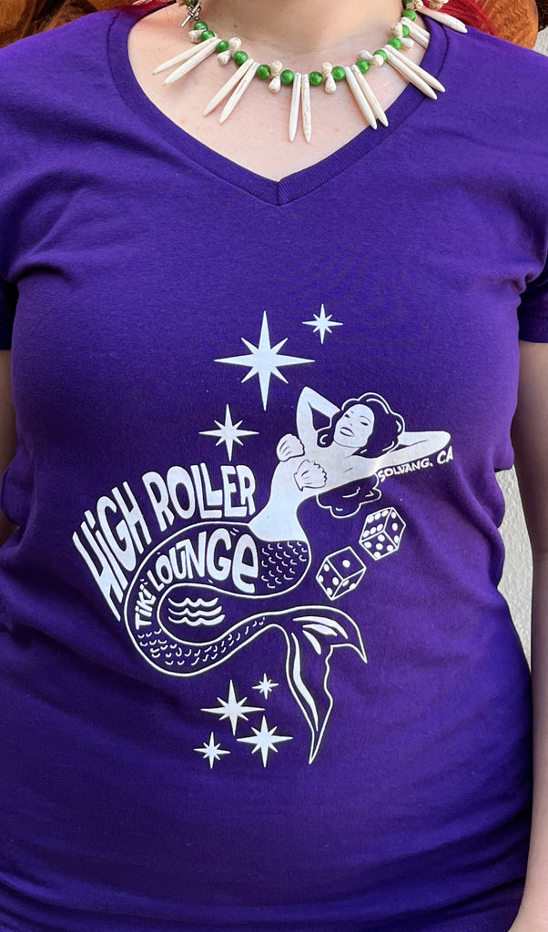 Purple Women's High Roller Tiki Mermaid Shirt V-NECK
